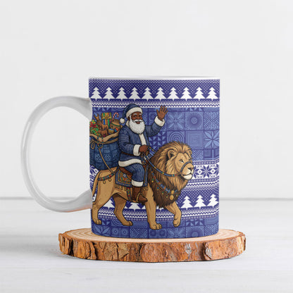 Nigeria Christmas Santa West African Lion Ceramic Mug Adire Indigo Resist Dye Motifs