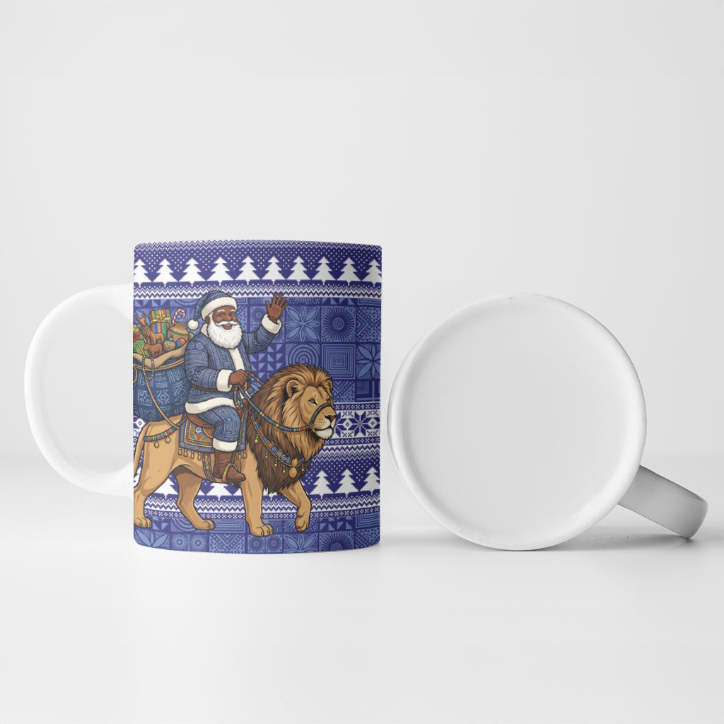 Nigeria Christmas Santa West African Lion Ceramic Mug Adire Indigo Resist Dye Motifs