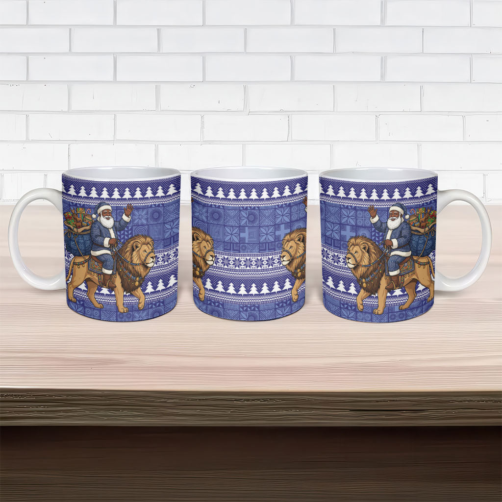 Nigeria Christmas Santa West African Lion Ceramic Mug Adire Indigo Resist Dye Motifs