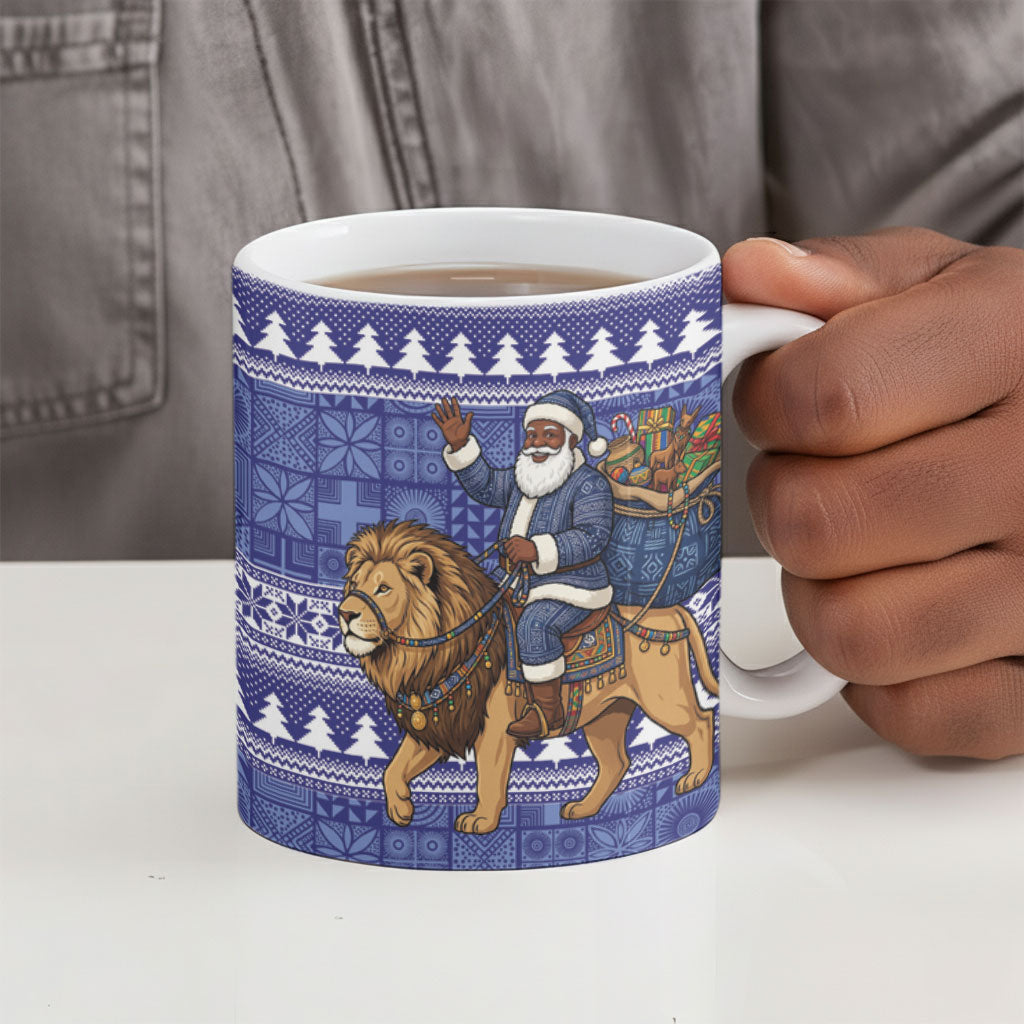 Nigeria Christmas Santa West African Lion Ceramic Mug Adire Indigo Resist Dye Motifs