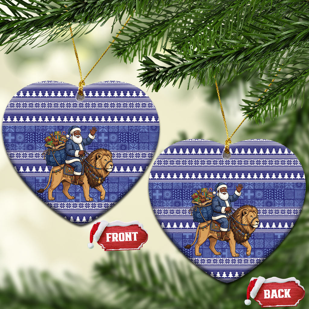 Nigeria Christmas Santa West African Lion Ceramic Ornament Adire Indigo Resist Dye Motifs