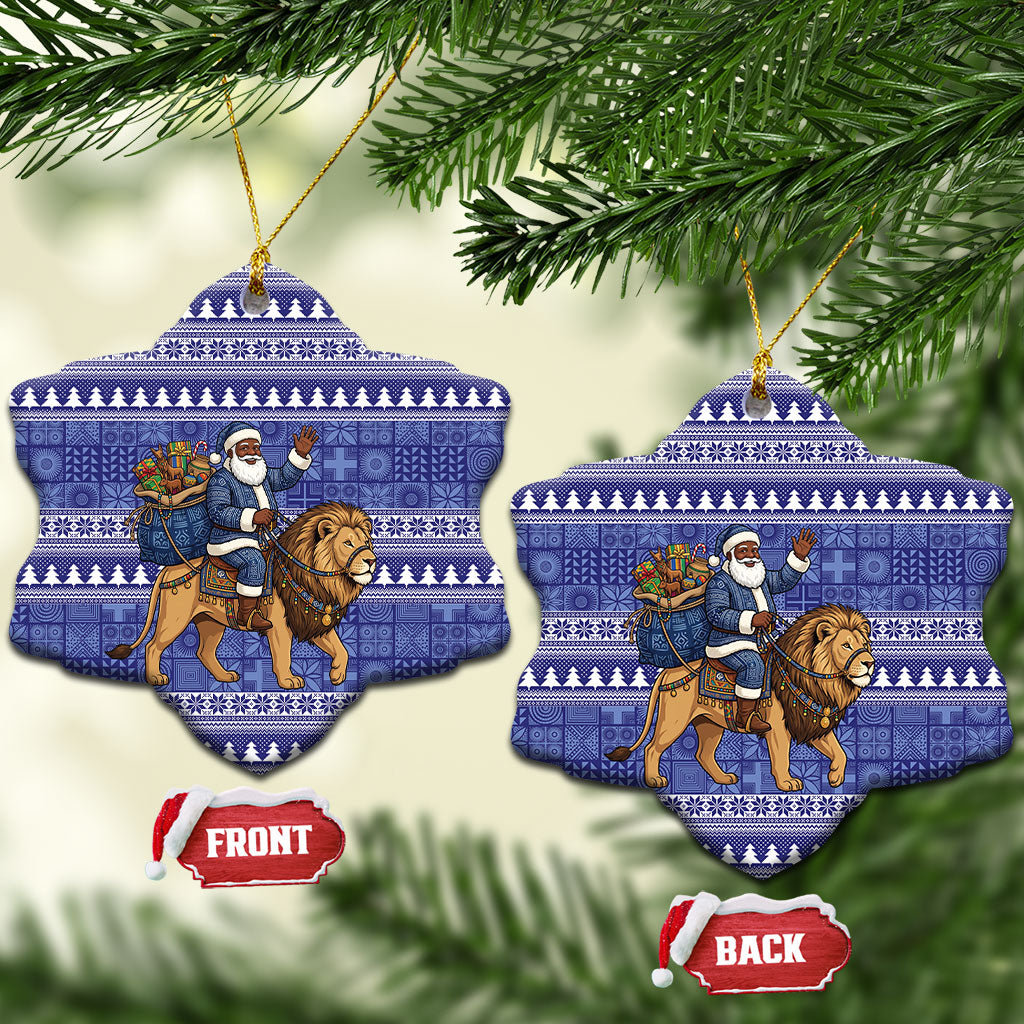 Nigeria Christmas Santa West African Lion Ceramic Ornament Adire Indigo Resist Dye Motifs