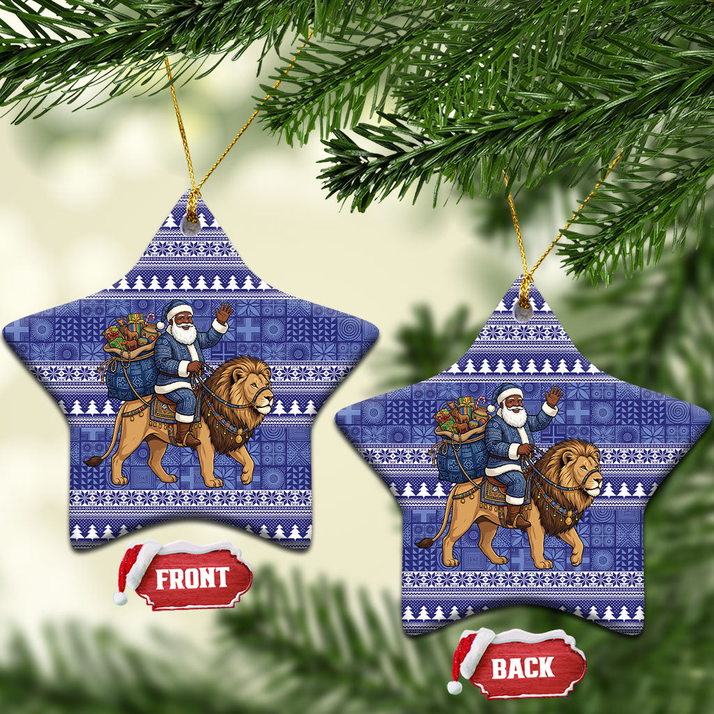 Nigeria Christmas Santa West African Lion Ceramic Ornament Adire Indigo Resist Dye Motifs