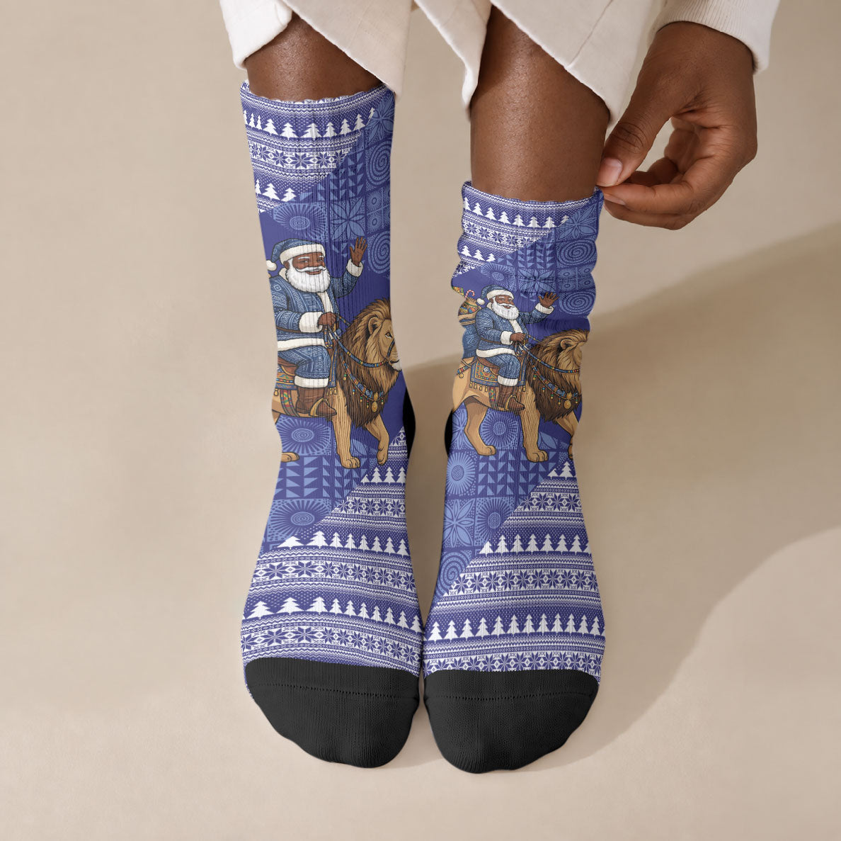 Nigeria Christmas Santa West African Lion Crew Socks Adire Indigo Resist Dye Motifs