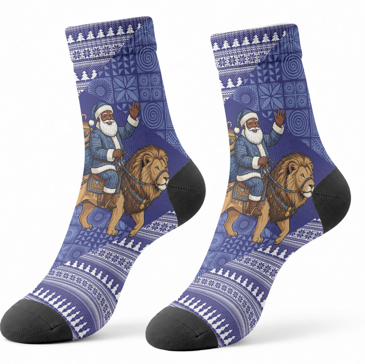 Nigeria Christmas Santa West African Lion Crew Socks Adire Indigo Resist Dye Motifs