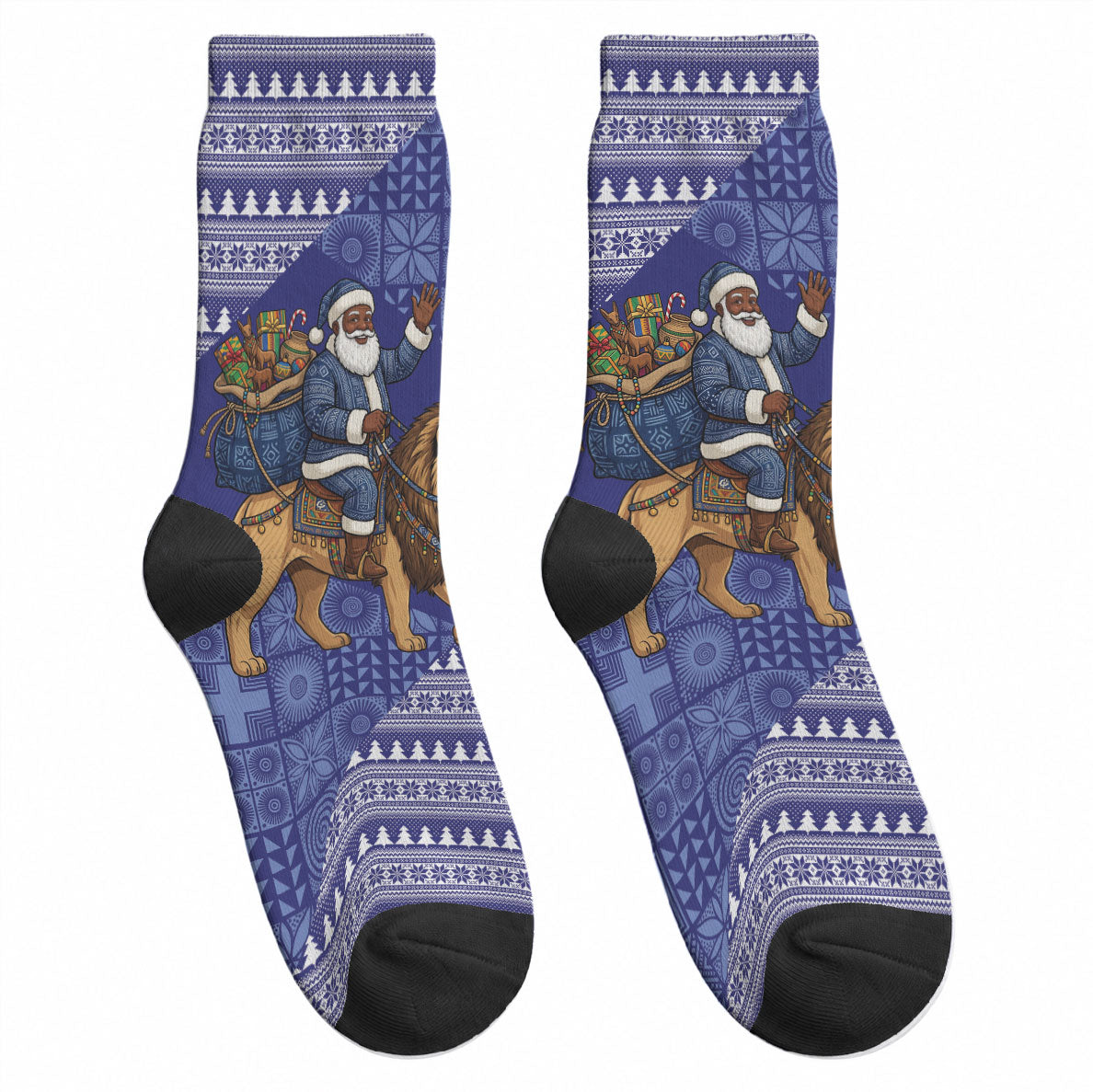 Nigeria Christmas Santa West African Lion Crew Socks Adire Indigo Resist Dye Motifs