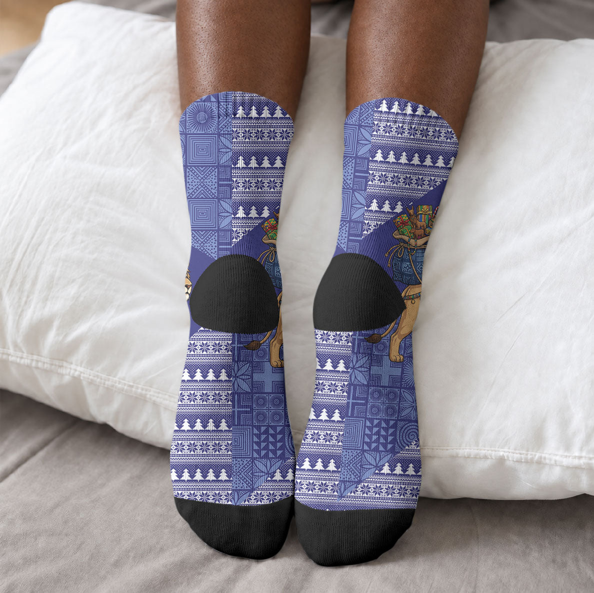 Nigeria Christmas Santa West African Lion Crew Socks Adire Indigo Resist Dye Motifs