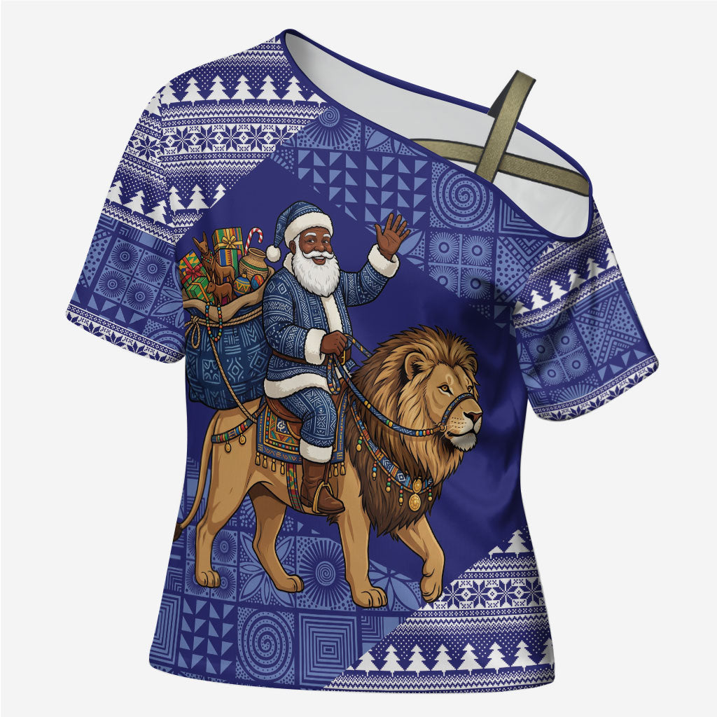 Nigeria Christmas Santa West African Lion Cross Shoulder Shirt Adire Indigo Resist Dye Motifs