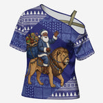 Nigeria Christmas Santa West African Lion Cross Shoulder Shirt Adire Indigo Resist Dye Motifs