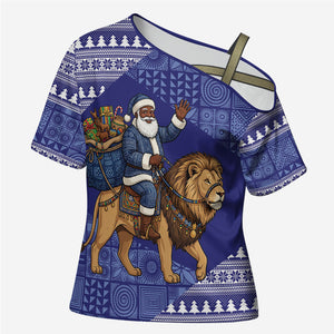 Nigeria Christmas Santa West African Lion Cross Shoulder Shirt Adire Indigo Resist Dye Motifs