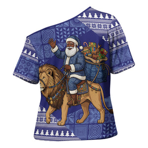 Nigeria Christmas Santa West African Lion Cross Shoulder Shirt Adire Indigo Resist Dye Motifs