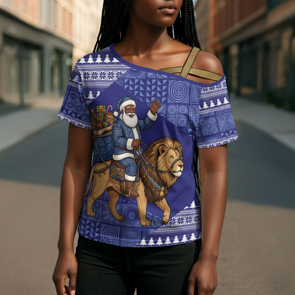Nigeria Christmas Santa West African Lion Cross Shoulder Shirt Adire Indigo Resist Dye Motifs