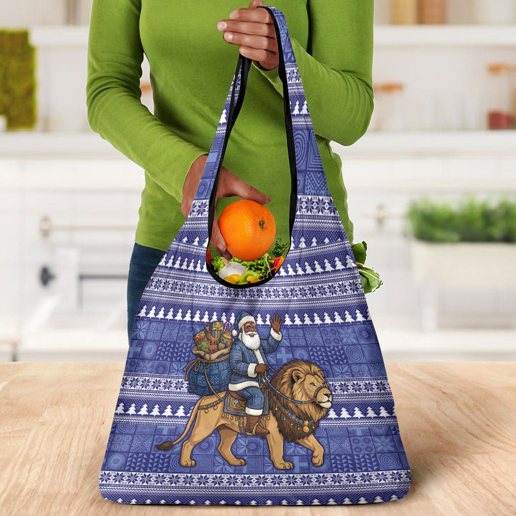 Nigeria Christmas Santa West African Lion Grocery Bag Adire Indigo Resist Dye Motifs