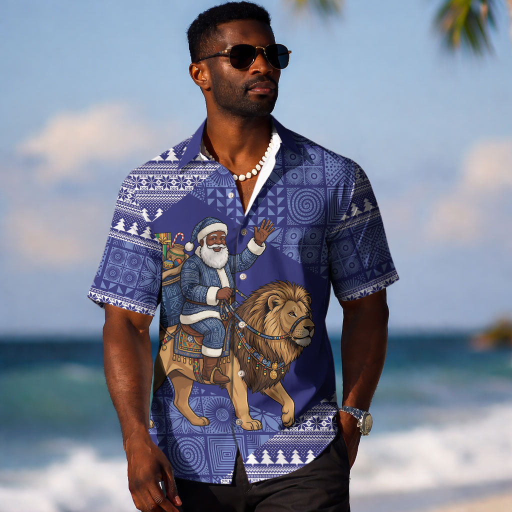 Nigeria Christmas Santa West African Lion Hawaiian Shirt Adire Indigo Resist Dye Motifs