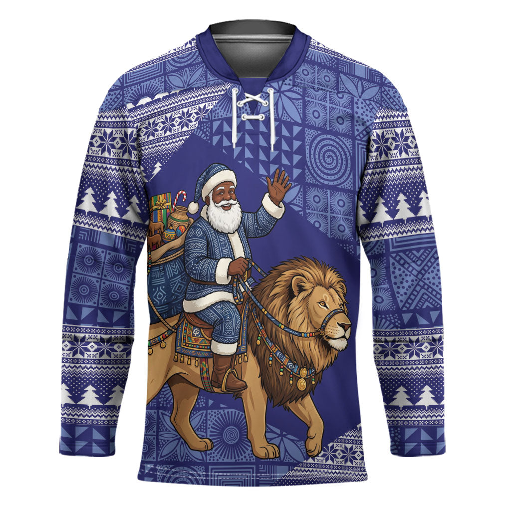 Nigeria Christmas Santa West African Lion Hockey Jersey Adire Indigo Resist Dye Motifs