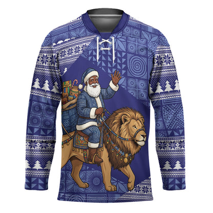 Nigeria Christmas Santa West African Lion Hockey Jersey Adire Indigo Resist Dye Motifs