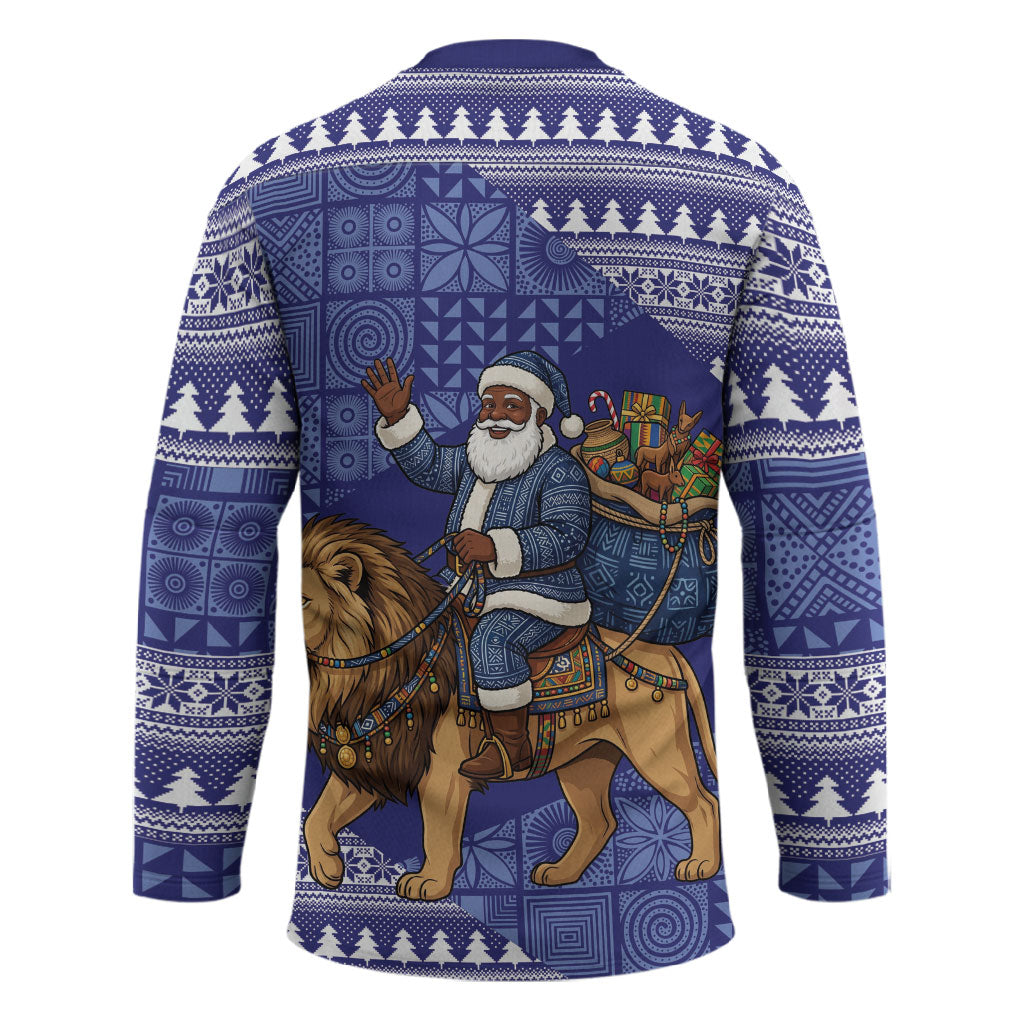 Nigeria Christmas Santa West African Lion Hockey Jersey Adire Indigo Resist Dye Motifs
