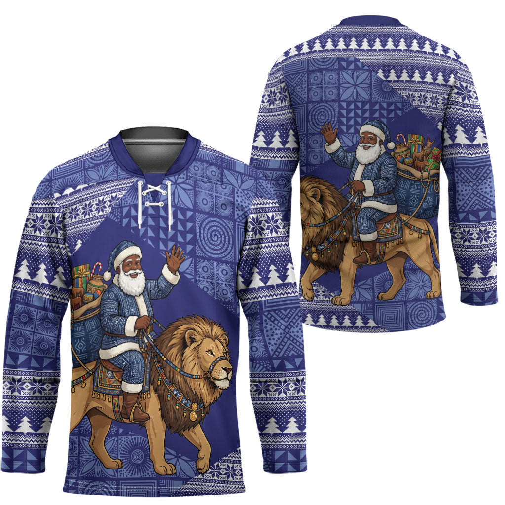 Nigeria Christmas Santa West African Lion Hockey Jersey Adire Indigo Resist Dye Motifs