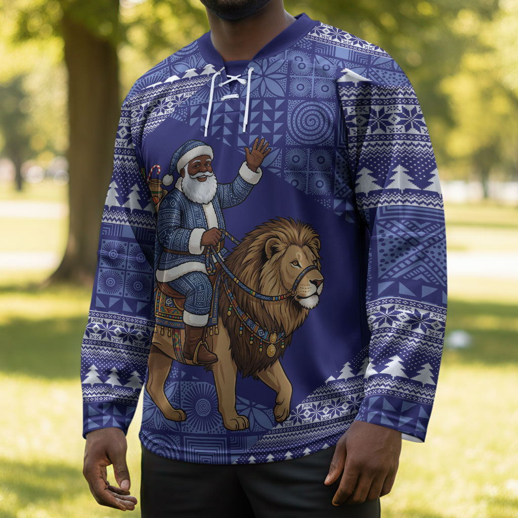 Nigeria Christmas Santa West African Lion Hockey Jersey Adire Indigo Resist Dye Motifs