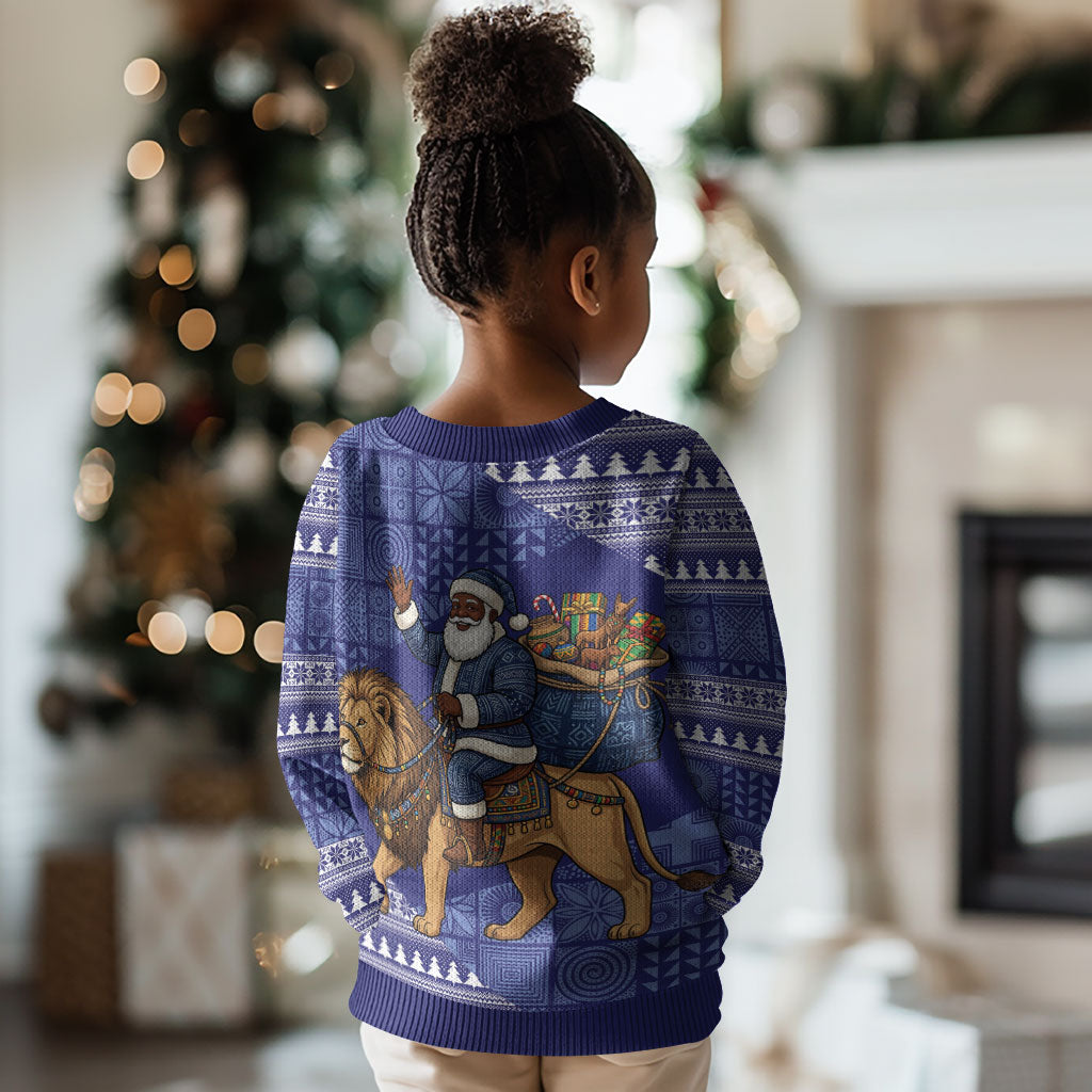 Nigeria Christmas Santa West African Lion Kid Ugly Christmas Sweater Adire Indigo Resist Dye Motifs