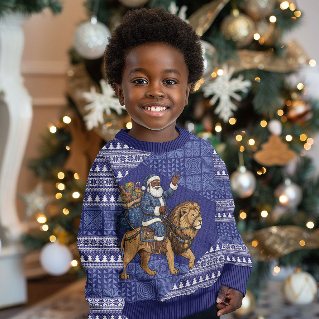 Nigeria Christmas Santa West African Lion Kid Ugly Christmas Sweater Adire Indigo Resist Dye Motifs