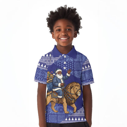 Nigeria Christmas Santa West African Lion Kid Polo Shirt Adire Indigo Resist Dye Motifs