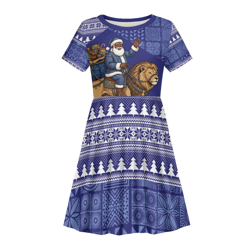 Nigeria Christmas Santa West African Lion Kid Short Sleeve Dress Adire Indigo Resist Dye Motifs