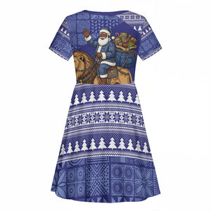 Nigeria Christmas Santa West African Lion Kid Short Sleeve Dress Adire Indigo Resist Dye Motifs