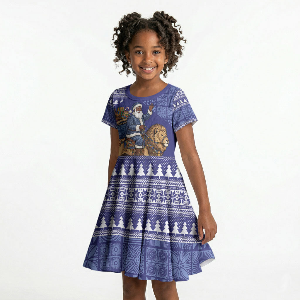 Nigeria Christmas Santa West African Lion Kid Short Sleeve Dress Adire Indigo Resist Dye Motifs