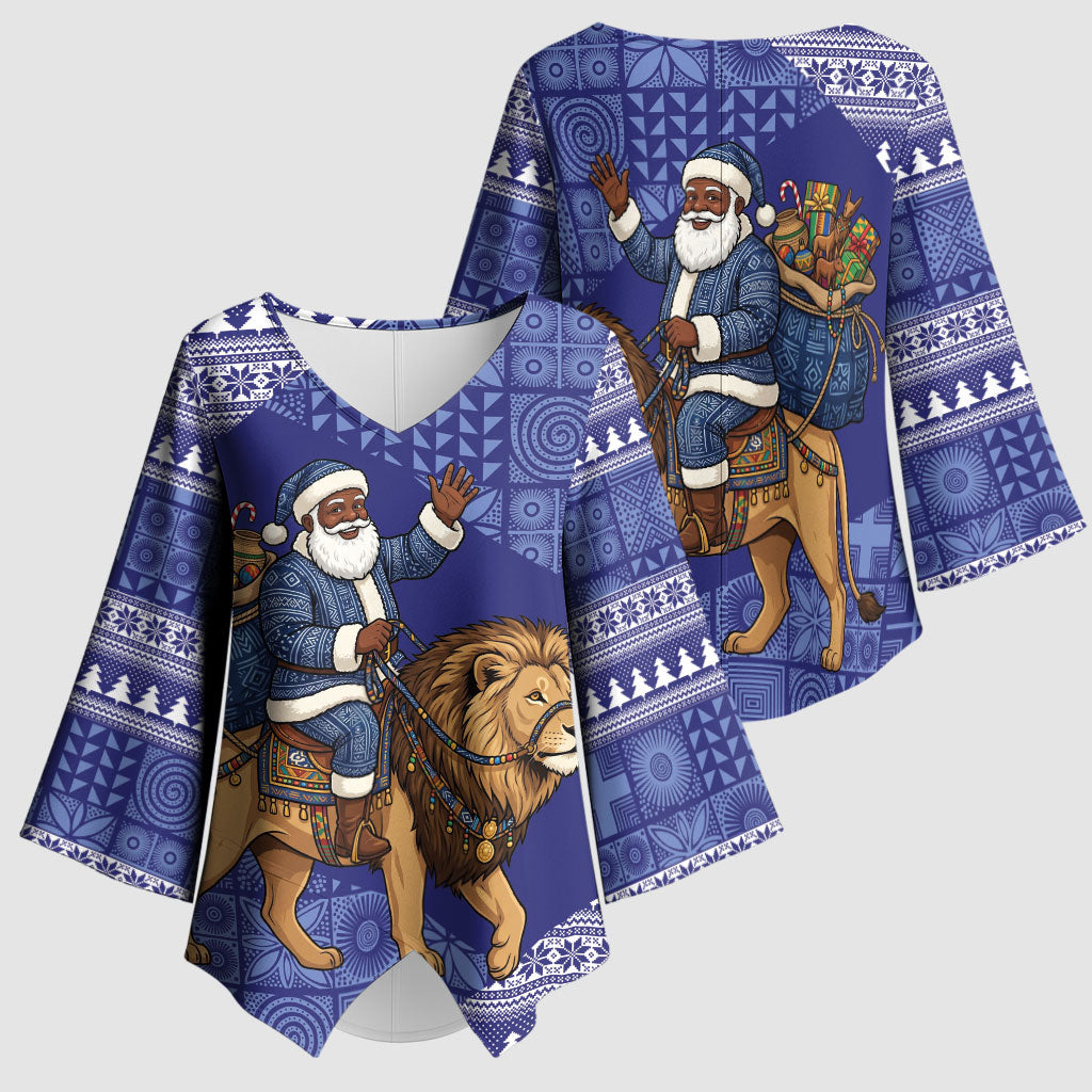 Nigeria Christmas Santa West African Lion Kimono Sleeve Blouse Adire Indigo Resist Dye Motifs