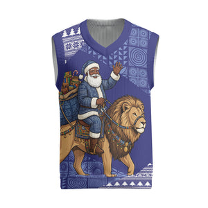Nigeria Christmas Santa West African Lion Christmas Knitted V-Neck Vest Adire Indigo Resist Dye Motifs