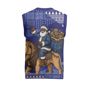 Nigeria Christmas Santa West African Lion Christmas Knitted V-Neck Vest Adire Indigo Resist Dye Motifs