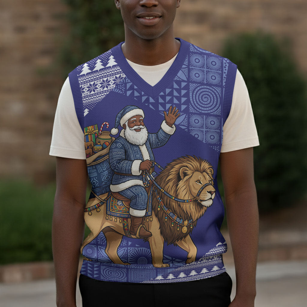 Nigeria Christmas Santa West African Lion Christmas Knitted V-Neck Vest Adire Indigo Resist Dye Motifs