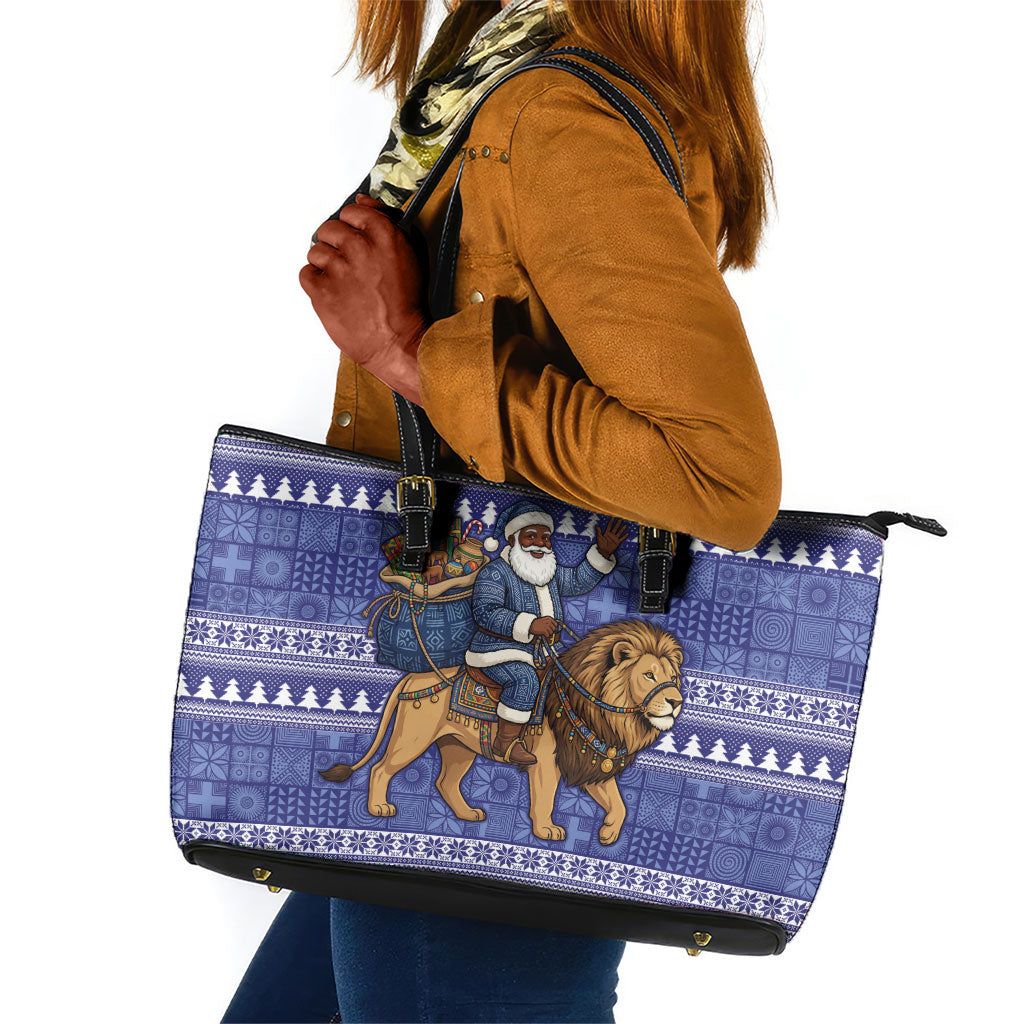 Nigeria Christmas Santa West African Lion Leather Tote Bag Adire Indigo Resist Dye Motifs