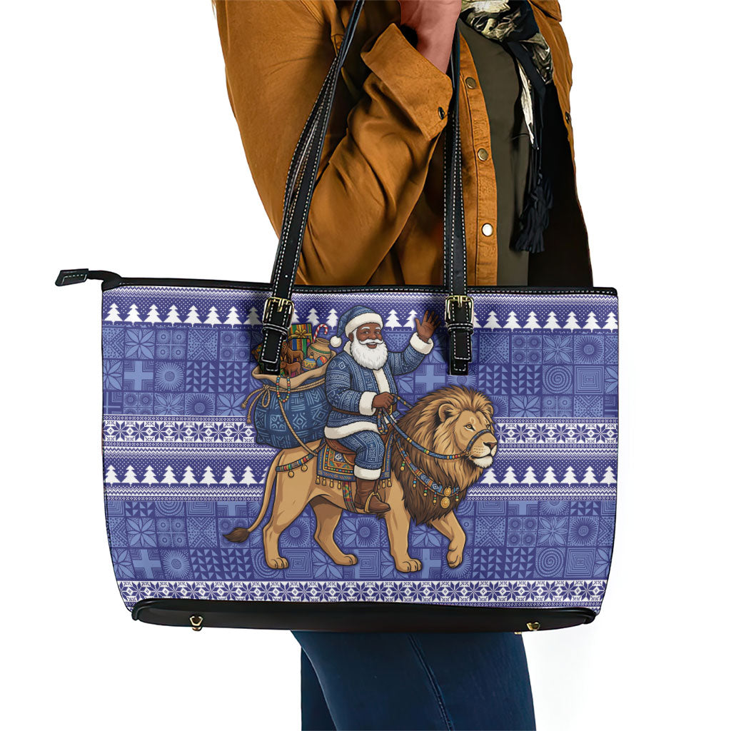 Nigeria Christmas Santa West African Lion Leather Tote Bag Adire Indigo Resist Dye Motifs