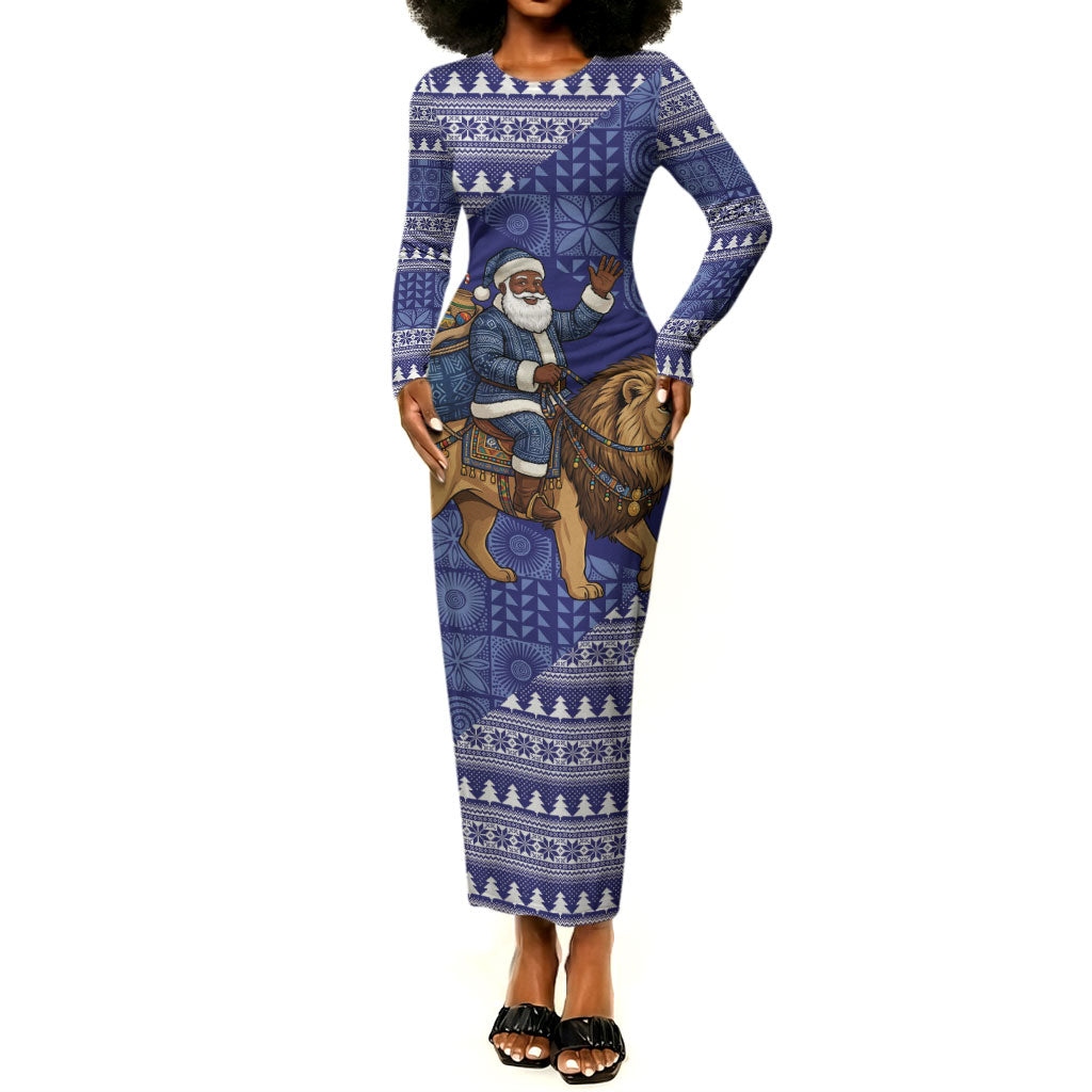 Nigeria Christmas Santa West African Lion Long Sleeve Bodycon Dress Adire Indigo Resist Dye Motifs