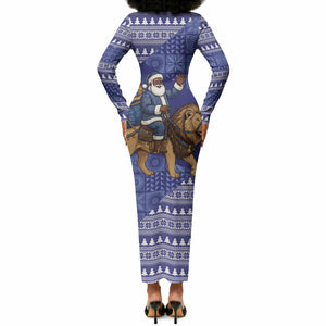 Nigeria Christmas Santa West African Lion Long Sleeve Bodycon Dress Adire Indigo Resist Dye Motifs