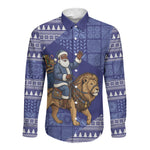 Nigeria Christmas Santa West African Lion Long Sleeve Button Shirt Adire Indigo Resist Dye Motifs