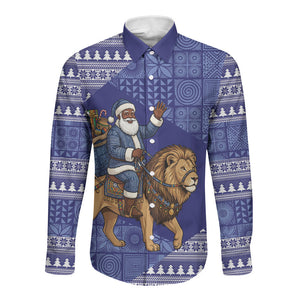 Nigeria Christmas Santa West African Lion Long Sleeve Button Shirt Adire Indigo Resist Dye Motifs