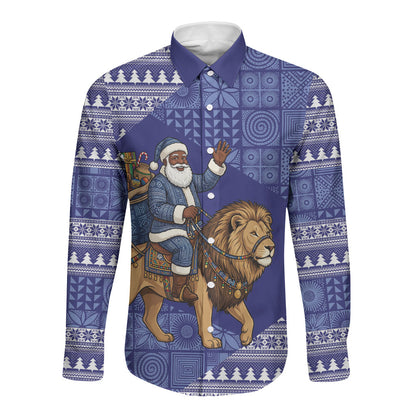 Nigeria Christmas Santa West African Lion Long Sleeve Button Shirt Adire Indigo Resist Dye Motifs