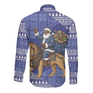 Nigeria Christmas Santa West African Lion Long Sleeve Button Shirt Adire Indigo Resist Dye Motifs