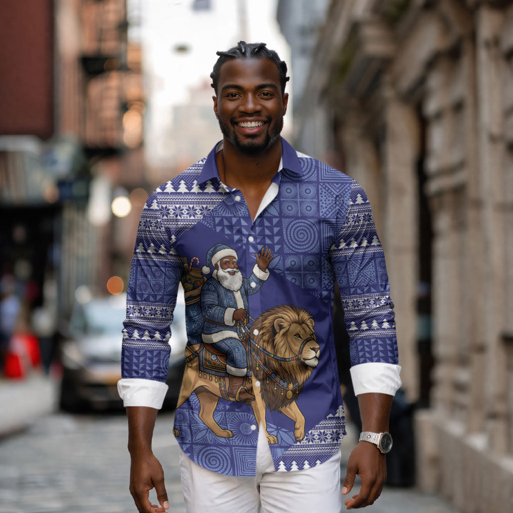 Nigeria Christmas Santa West African Lion Long Sleeve Button Shirt Adire Indigo Resist Dye Motifs