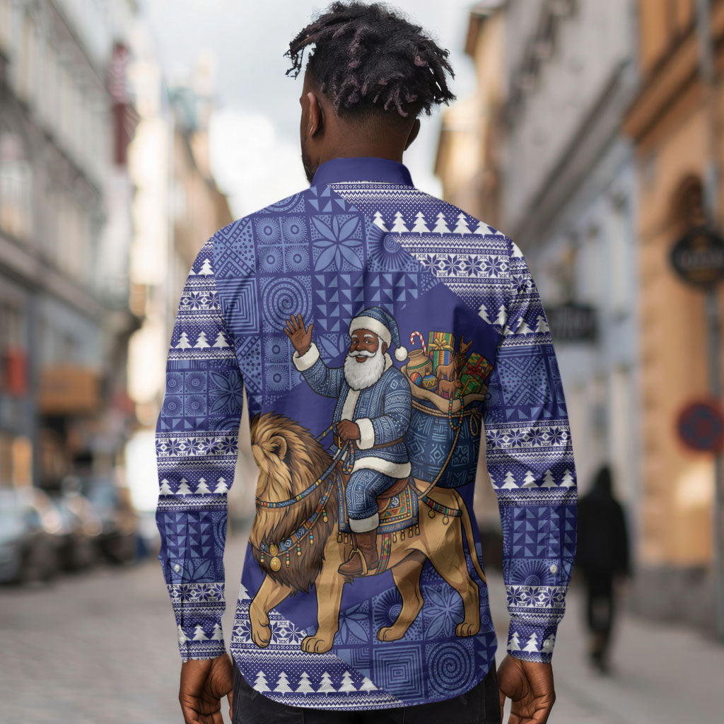 Nigeria Christmas Santa West African Lion Long Sleeve Button Shirt Adire Indigo Resist Dye Motifs