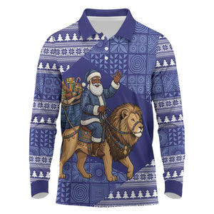 Nigeria Christmas Santa West African Lion Long Sleeve Polo Shirt Adire Indigo Resist Dye Motifs