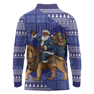 Nigeria Christmas Santa West African Lion Long Sleeve Polo Shirt Adire Indigo Resist Dye Motifs