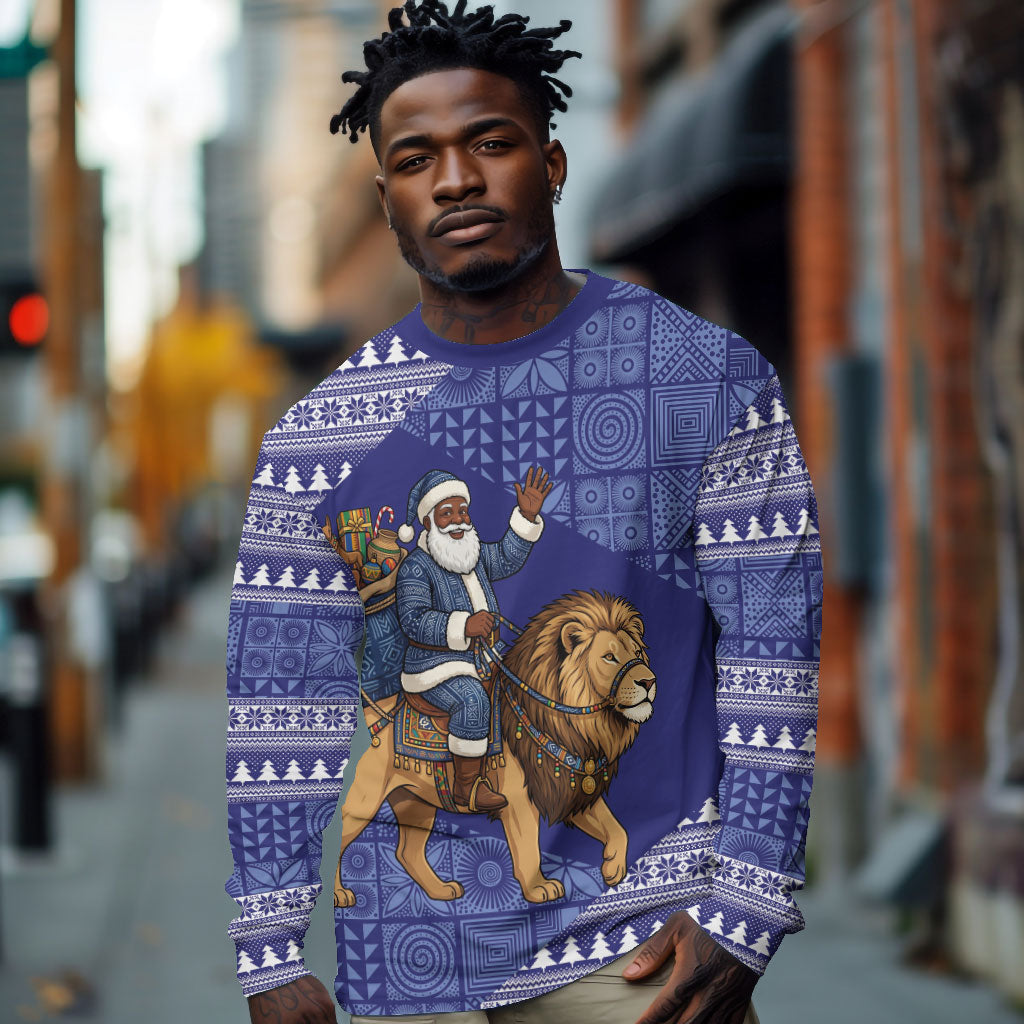 Nigeria Christmas Santa West African Lion Long Sleeve Shirt Adire Indigo Resist Dye Motifs