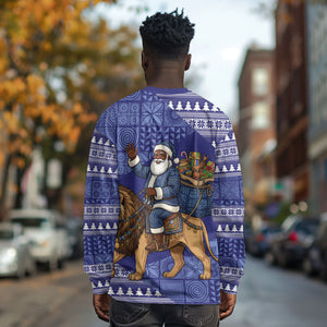 Nigeria Christmas Santa West African Lion Long Sleeve Shirt Adire Indigo Resist Dye Motifs