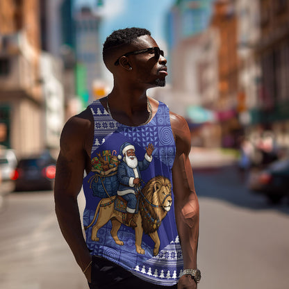 Nigeria Christmas Santa West African Lion Men Tank Top Adire Indigo Resist Dye Motifs