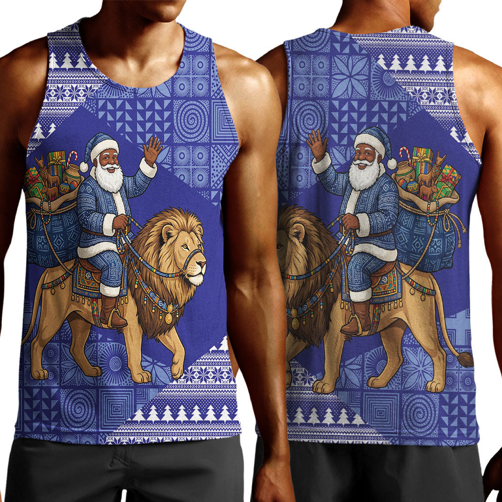 Nigeria Christmas Santa West African Lion Men Tank Top Adire Indigo Resist Dye Motifs