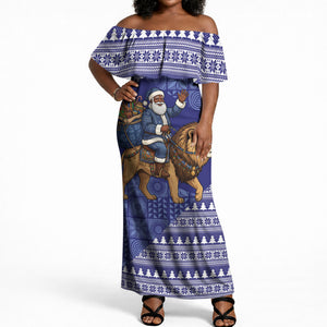 Nigeria Christmas Santa West African Lion Off Shoulder Maxi Dress Adire Indigo Resist Dye Motifs